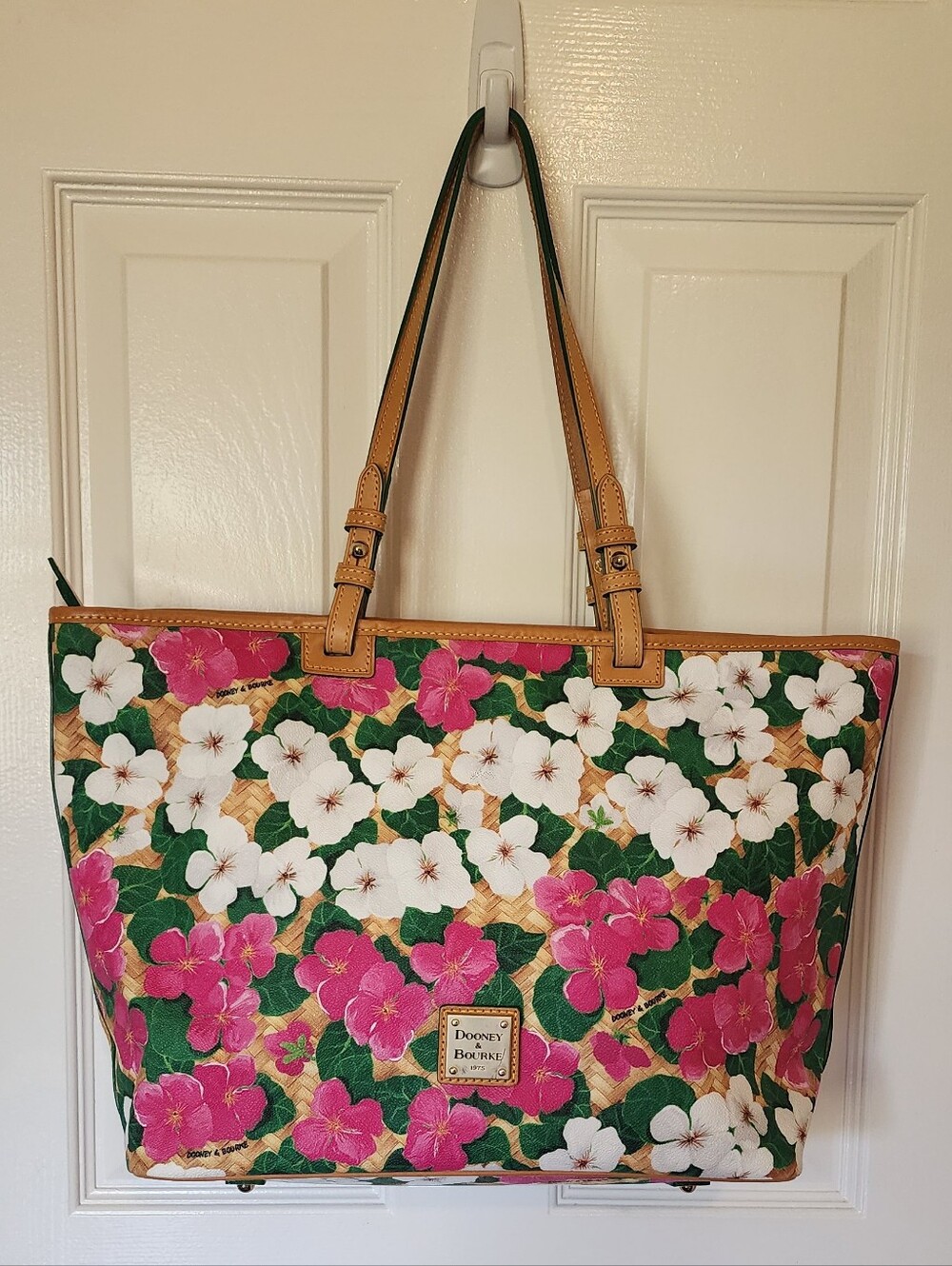 DOONEY & BOURKE NEW Coated Cotton Pansy Shopper Tan Leather Straps